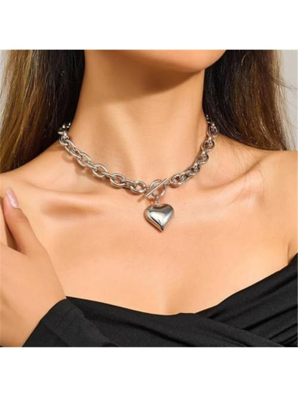Chunky Heart Necklace for Women Silver Puffy Heart Pendant Paperclip